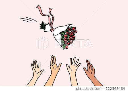 Maids of honor catch bride bouquet during wedding ceremony and traditional game for women Maids of honor catch bride bouquet during wedding ceremony and traditional game for women 122562464