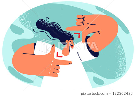 Smiling woman make frame with hands take selfie 122562483