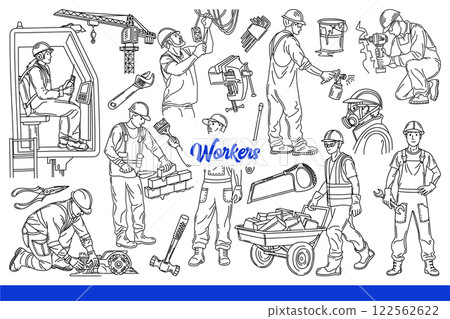 Man workers work performing construction or repair tasks using special equipment. Hand drawn. 122562622