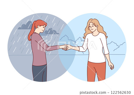 Happy woman and girl suffering from mental disorder stand under sunny and rainy sky 122562630