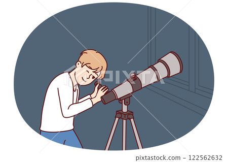 Teenager boy with telescope watches stars and is fond astrology while standing near window Teenager boy with telescope watches stars and is fond astrology while standing near window 122562632