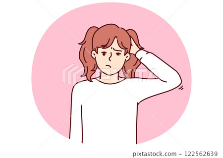 Confused little girl scratching head and looking at screen not knowing right answer to question 122562639