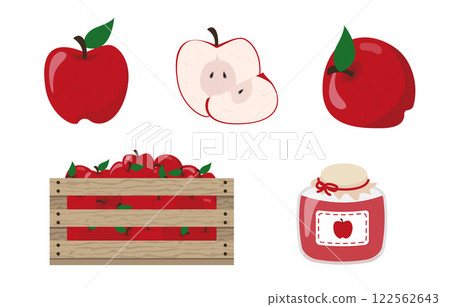 Collection of red apple items fruit slice glass jam bottle 122562643
