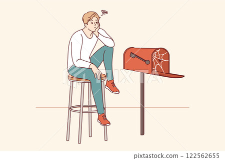 Lonely man is waiting for letter, sitting by empty mailbox covered with cobwebs. Lonely man is waiting for letter, sitting by empty mailbox covered with cobwebs. 122562655