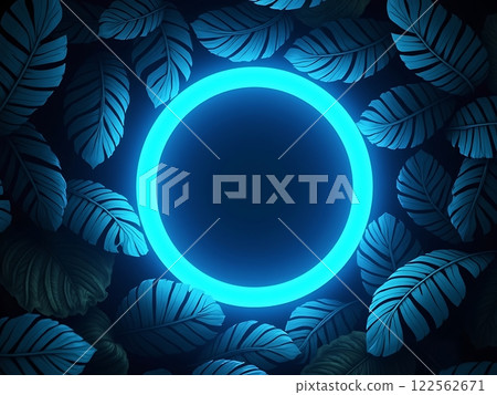 Futuristic Neon Circle with Tropical Leaves 122562671