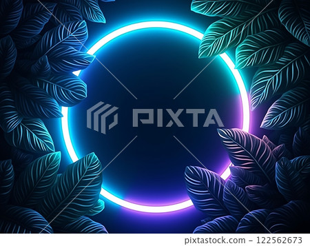 Futuristic Neon Circle with Tropical Leaves 122562673