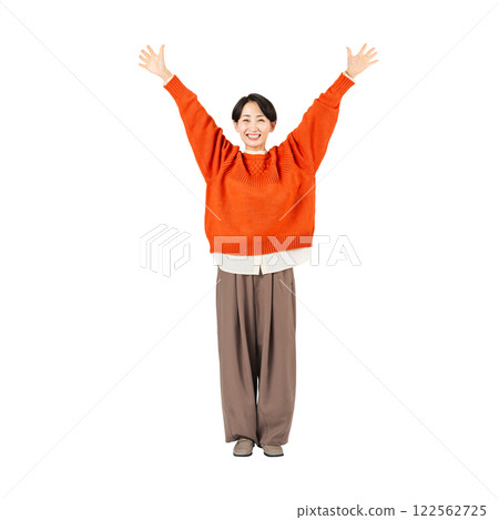 A stylish middle-aged woman raising her arms in the air - A transparent, full-body photo PNG precisely cut by hand 122562725