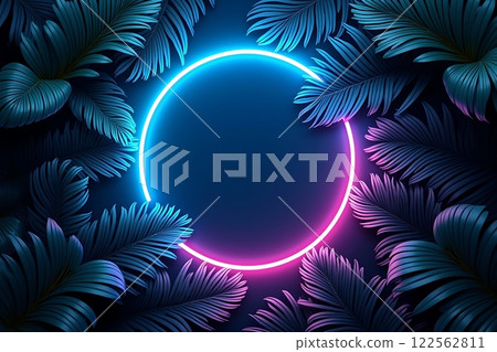 Futuristic Neon Circle with Tropical Leaves Futuristic Neon Circle with Tropical Leaves 122562811