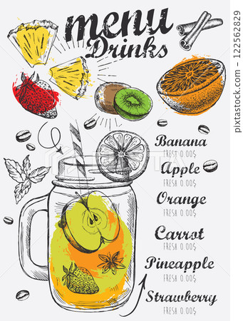 Juice menu, hand drawn. Smoothie. Juice menu, hand drawn. Smoothie. 122562829