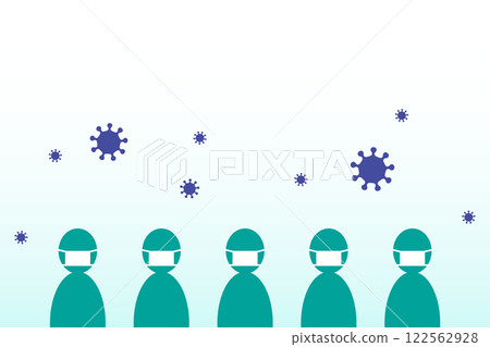 簡單圖示：戴著口罩的人並排站著，病毒和病原體漂浮在空氣中 複製空間 122562928