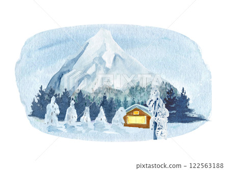Log house, mountain, forest winter landscape isolated on white background. High quality watercolor illustration perfect for cards, as a landscape element. Cute cozy decorative residence clip art Log house, mountain, forest winter landscape isolated on white background. High quality watercolor illustration perfect for cards, as a landscape element. Cute cozy decorative residence clip art 122563188