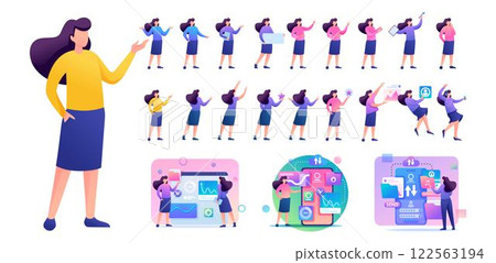 Set of Young Woman. Presentation in various in various poses and actions. 2D Flat character vector illustration N5 122563194