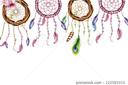 Seamless border, banner with ethnic wooden wicker wreath dreamcatcher of twigs with spring leaves and pink magnolia flowers, beads on a rope with feathers, watercolor illustration. Hand painted holder Seamless border, banner with ethnic wooden wicker wreath dreamcatcher of twigs with spring leaves and pink magnolia flowers, beads on a rope with feathers, watercolor illustration. Hand painted holder 122563313