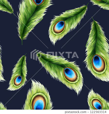 Seamless pattern peacock feather with markers in watercolor style. Realistic hand drawn illustration isolated on background. Clip art for designers, cards, invitations, textile, poster, wedding Seamless pattern peacock feather with markers in watercolor style. Realistic hand drawn illustration isolated on background. Clip art for designers, cards, invitations, textile, poster, wedding 122563314