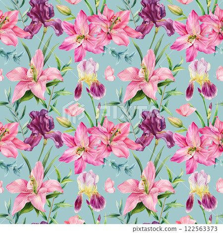 seamless floral pattern with pink lilies, irises and butterfly. Watercolor flowers botanical design, nature background 122563373