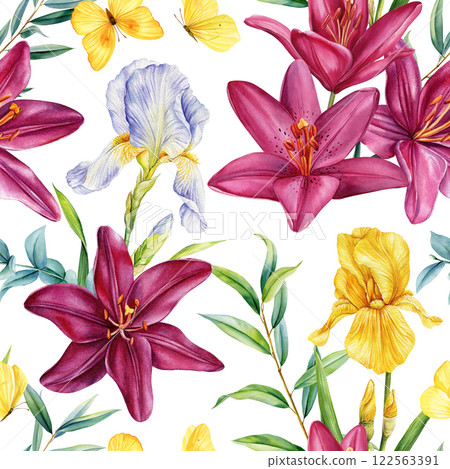 seamless tropical floral pattern. Dark red lilies, yellow iris, green leaves. Watercolor illustration, blooming design 122563391