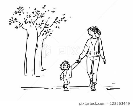 Mother Holding Childs Hand Walking in Park 122563449