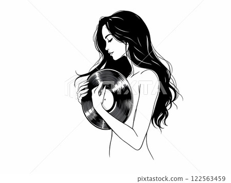 Line Art of a Woman Holding a Vinyl Record 122563459