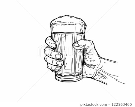 Line Art of a Hand Holding a Glass of Beer 122563460