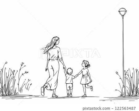 Mother Walking with Two Children Line Art Mother Walking with Two Children Line Art 122563487