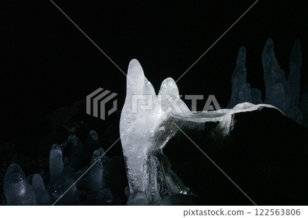 Lava tunnel in Iceland with Ice Stalactites and Stalagmites Lava tunnel in Iceland with Ice Stalactites and Stalagmites 122563806