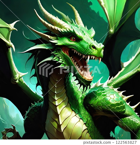 The image of an evil and dangerous green, horned dragon. The Green Terror: Dragon's Fury Unleashed 122563827