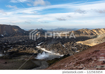 Enjoying the breathtaking view of a volcano from the summit of a mountain 122563854