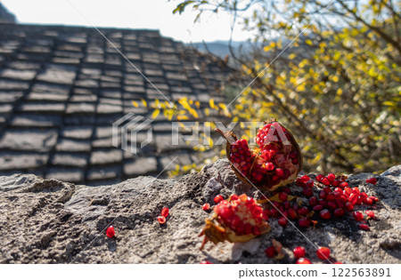 A ripe, red pomegranate is resting on a large rock in front of a house roof A ripe, red pomegranate is resting on a large rock in front of a house roof 122563891