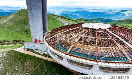 Aerial view of Stunning Buzludzha Soviet UFO in Bulgaria Mountains. Communism Aerial view of Stunning Buzludzha Soviet UFO in Bulgaria Mountains. Communism 122563979