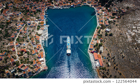 Ship entering Kastellorizo Bay. Greece furthest island in front of Turkey 122564044