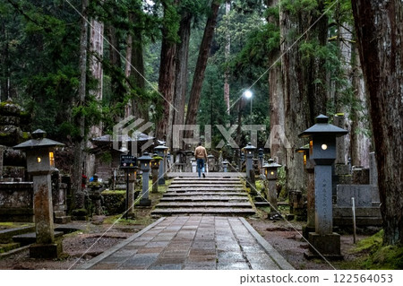 Koyasan cemetery in Japan. Amazing lights and atmosphere. Foggy trees.  122564053