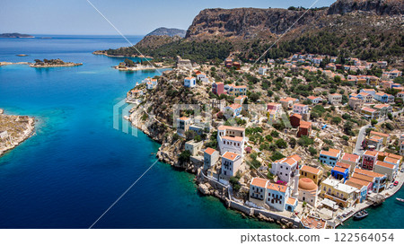 Aerial view of a small town on an island in the ocean 122564054