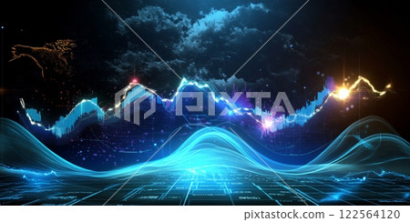 Glowing financial chart lines rising above futuristic landscape 122564120
