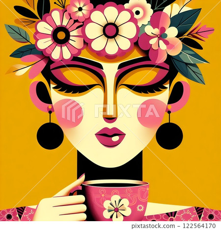 Cropped image of woman with closed eyes holding a coffee or tea cup. 122564170