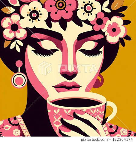 Cropped image of woman with closed eyes holding a coffee or tea cup. 122564174
