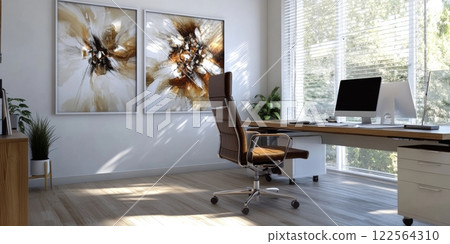 Modern office interior with abstract art and natural light illuminating workspace 122564310