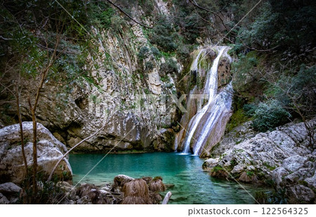 Polylimnio Amazing Emerald Waterfall in the Peloponnese Peninsula. Greece 122564325