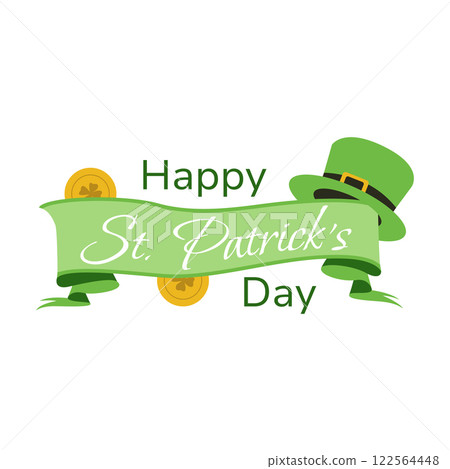 St Patricks Day festive banner illustration featuring a green ribbon, leprechaun hat, and lucky gold coins. Celebration design with Irish symbols, perfect for greeting cards. Vector illustration 122564448