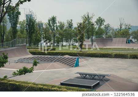 Aerial view of modern skatepark in city 122564536