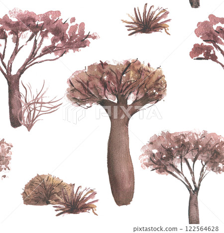 African savanna seamless pattern with baobab and acacia trees watercolor isolated. Hand painted warm brown landscape for safari prints, boho wall art, adventure, travel designs on repeat background. 122564628