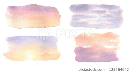 Set of various watercolor sky hand drawn in blue, orange, pink colors. Artistic sky landscape isolated on white. Scenery gradient sky in soft violet splash. Scenery sunrise and sunset at horizon. Set of various watercolor sky hand drawn in blue, orange, pink colors. Artistic sky landscape isolated on white. Scenery gradient sky in soft violet splash. Scenery sunrise and sunset at horizon. 122564642