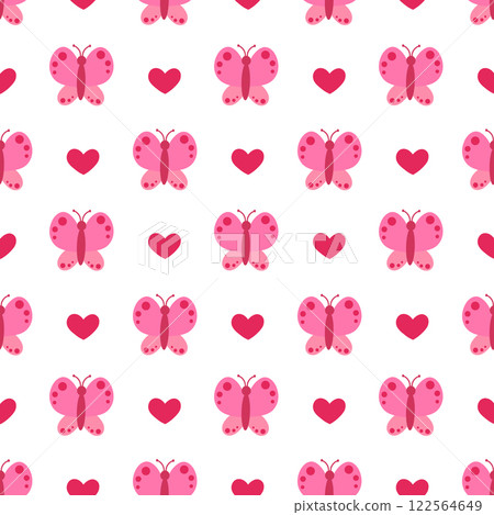Seamless Pattern. Pink Butterfly with abstract ornament design wings and hearts. Vector illustration. 122564649