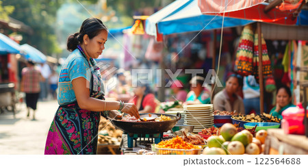 A street food vendor preparing traditional dishes in a vibrant outdoor market, surrounded by fresh produce, colorful ingredients, and busy shoppers in a lively setting A street food vendor preparing traditional dishes in a vibrant outdoor market, surrounded by fresh produce, colorful ingredients, and busy shoppers in a lively setting 122564688