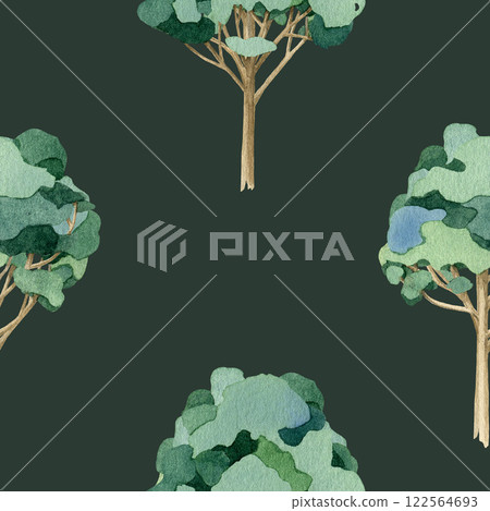 Hand drawn leafy forest seamless pattern element. Painted trees on dark green background. Eucalyptus painted illustration endless pattern design perfect for printing, textile, wrapping paper Hand drawn leafy forest seamless pattern element. Painted trees on dark green background. Eucalyptus painted illustration endless pattern design perfect for printing, textile, wrapping paper 122564693