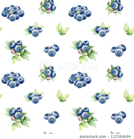 Fresh blueberries with green leaves on a white background seamless pattern. Hand drawn blueberry watercolor vintage style illustration. Perfect for fabric, packaging, decor and food-themed designs Fresh blueberries with green leaves on a white background seamless pattern. Hand drawn blueberry watercolor vintage style illustration. Perfect for fabric, packaging, decor and food-themed designs 122564694