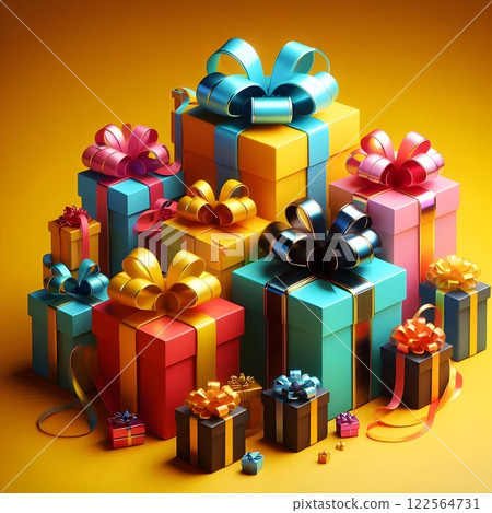 Colorful gift packages with ribbons. 122564731