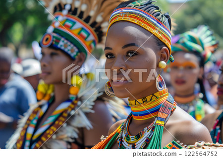 Woman adorned in vibrant traditional beaded attire during a cultural celebration, showcasing intricate patterns and vivid colors, surrounded by others in ceremonial outfits Woman adorned in vibrant traditional beaded attire during a cultural celebration, showcasing intricate patterns and vivid colors, surrounded by others in ceremonial outfits 122564752