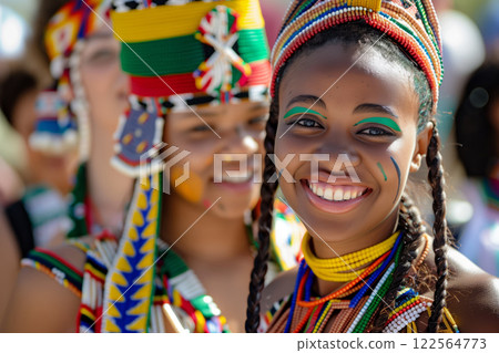 Smiling young woman in traditional African beaded attire with colorful face paint, surrounded by vibrant festival participants, celebrating cultural heritage in an outdoor setting Smiling young woman in traditional African beaded attire with colorful face paint, surrounded by vibrant festival participants, celebrating cultural heritage in an outdoor setting 122564773