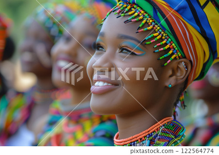 Smiling young woman in colorful traditional African beadwork and headpiece, with vibrant face paint, celebrating cultural heritage at an outdoor festival with others in the background 122564774
