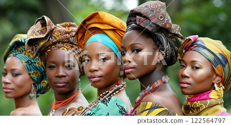 Women wearing vibrant traditional African headwraps and jewelry, posing gracefully in an outdoor setting, showcasing cultural heritage and beauty 122564797